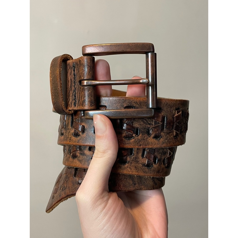 Vintage Fossil Distressed Brown Full Grain Cowhide Leather Woven Belt 34